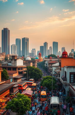 A vivid portrayal of the emerging cities of India, featuring a dynamic skyline with modern skyscrapers, colorful street markets bustling with activity, and diverse architecture that combines traditional and contemporary styles