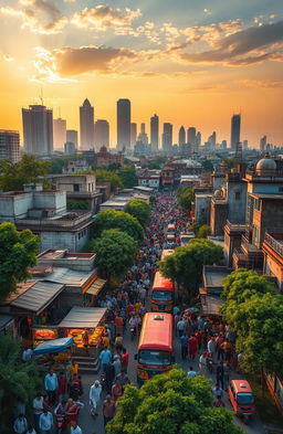 A vivid portrayal of the emerging cities of India, featuring a dynamic skyline with modern skyscrapers, colorful street markets bustling with activity, and diverse architecture that combines traditional and contemporary styles
