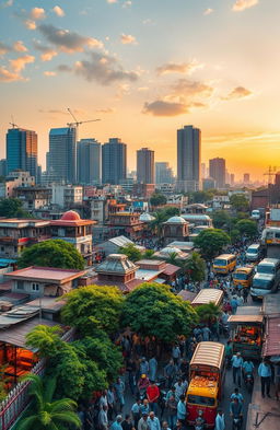 A vivid portrayal of the emerging cities of India, featuring a dynamic skyline with modern skyscrapers, colorful street markets bustling with activity, and diverse architecture that combines traditional and contemporary styles
