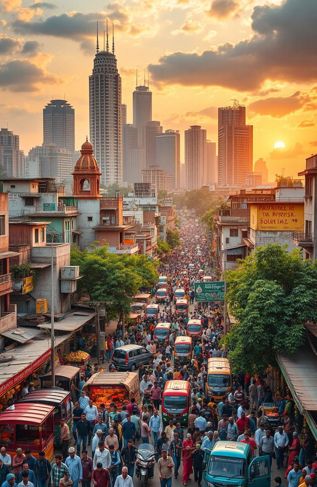 A vivid portrayal of the emerging cities of India, featuring a dynamic skyline with modern skyscrapers, colorful street markets bustling with activity, and diverse architecture that combines traditional and contemporary styles