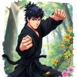 In a detailed and vibrant manga art style, illustrate a male martial artist with shaggy black hair and striking amethyst eyes, dressed in an intricately designed black martial arts gi