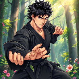 In a detailed and vibrant manga art style, illustrate a male martial artist with shaggy black hair and striking amethyst eyes, dressed in an intricately designed black martial arts gi