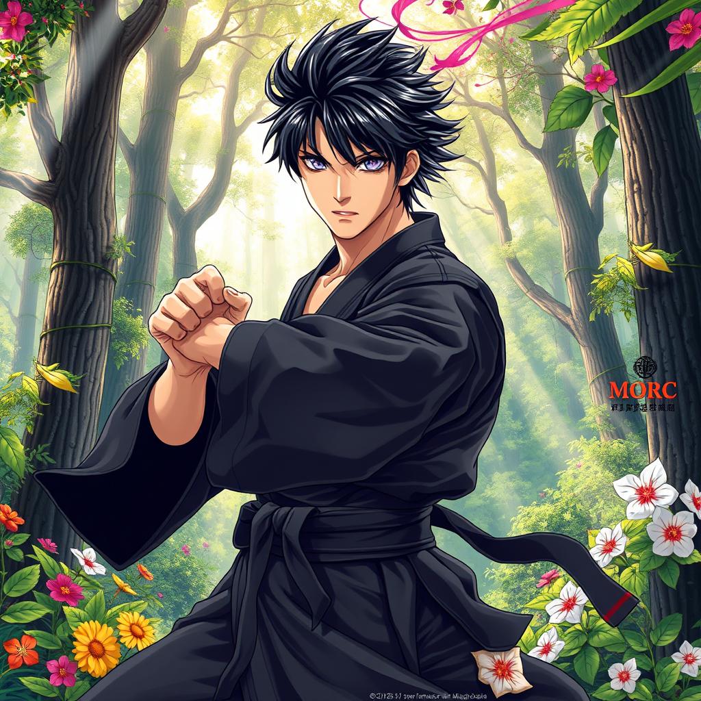 In a detailed and vibrant manga art style, illustrate a male martial artist with shaggy black hair and striking amethyst eyes, dressed in an intricately designed black martial arts gi