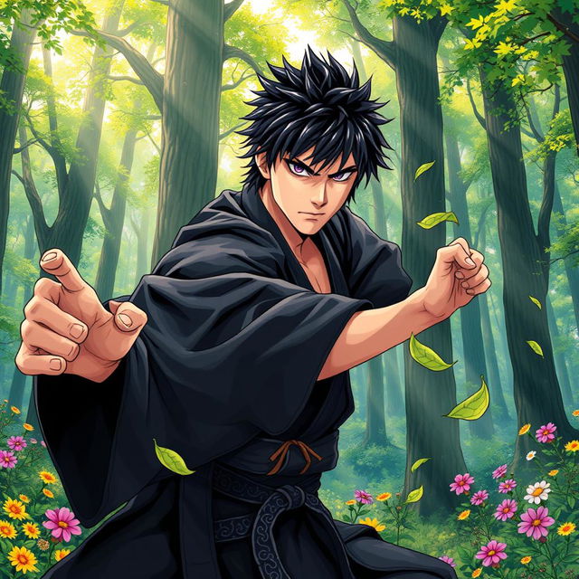 In a detailed and vibrant manga art style, illustrate a male martial artist with shaggy black hair and striking amethyst eyes, dressed in an intricately designed black martial arts gi