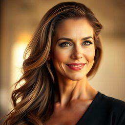 A stunning 40-year-old woman with a beautifully sensual face, featuring captivating eyes and an alluring smile