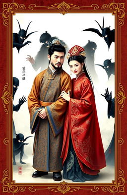 A captivating novel cover featuring an ancient Chinese couple dressed in traditional attire, showcasing intricate patterns and vibrant colors