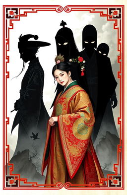 A captivating novel cover featuring an ancient Chinese couple dressed in traditional attire, showcasing intricate patterns and vibrant colors