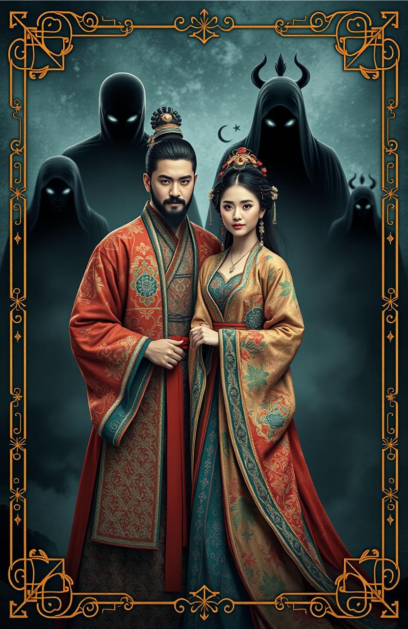 A captivating novel cover featuring an ancient Chinese couple dressed in traditional attire, showcasing intricate patterns and vibrant colors