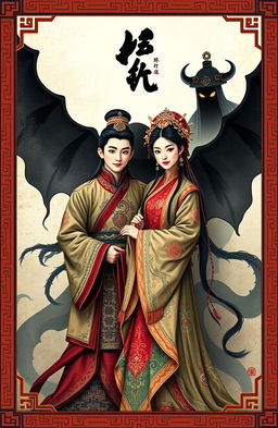 A captivating novel cover featuring an ancient Chinese couple dressed in traditional attire, showcasing intricate patterns and vibrant colors