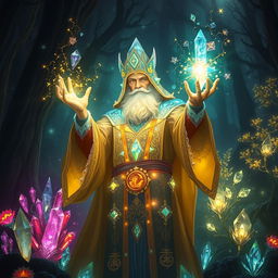 A powerful crystal magician casting spells surrounded by shimmering crystals in various colors