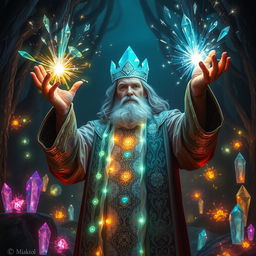 A powerful crystal magician casting spells surrounded by shimmering crystals in various colors
