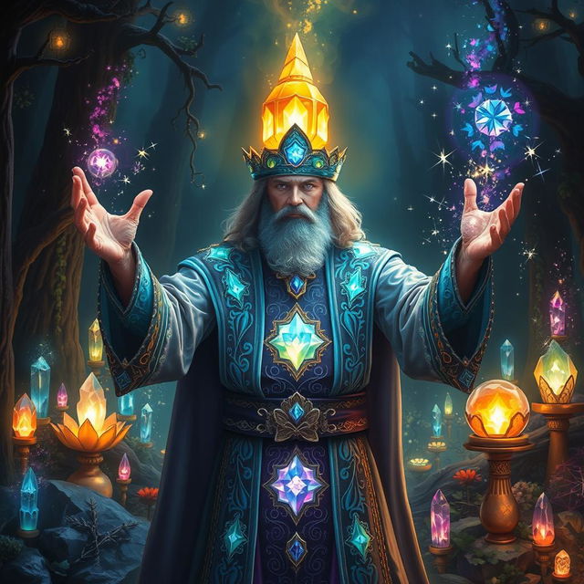 A powerful crystal magician casting spells surrounded by shimmering crystals in various colors