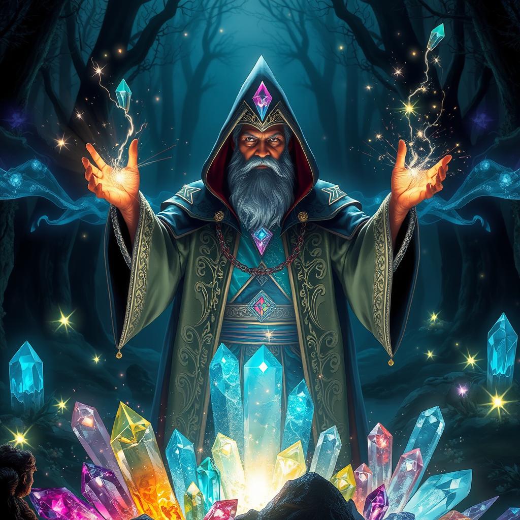 A powerful crystal magician casting spells surrounded by shimmering crystals in various colors