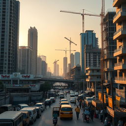 A realistic depiction of the emerging cities of India, showcasing a blend of modern skyscrapers and traditional architecture against a backdrop of infrastructure development