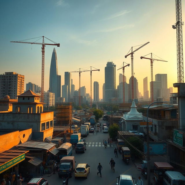 A realistic depiction of the emerging cities of India, showcasing a blend of modern skyscrapers and traditional architecture against a backdrop of infrastructure development
