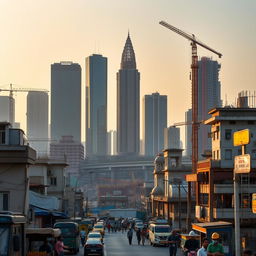 A realistic depiction of the emerging cities of India, showcasing a blend of modern skyscrapers and traditional architecture against a backdrop of infrastructure development
