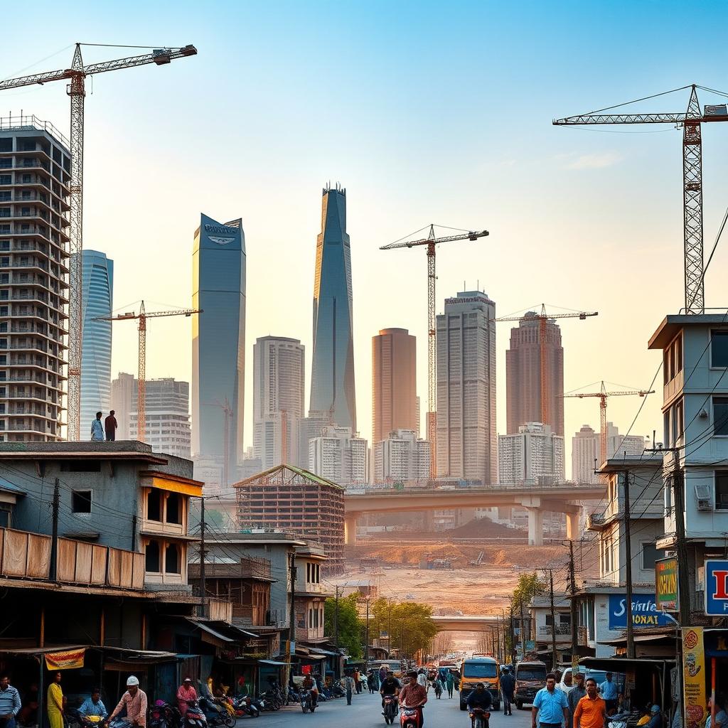 A realistic depiction of the emerging cities of India, showcasing a blend of modern skyscrapers and traditional architecture against a backdrop of infrastructure development