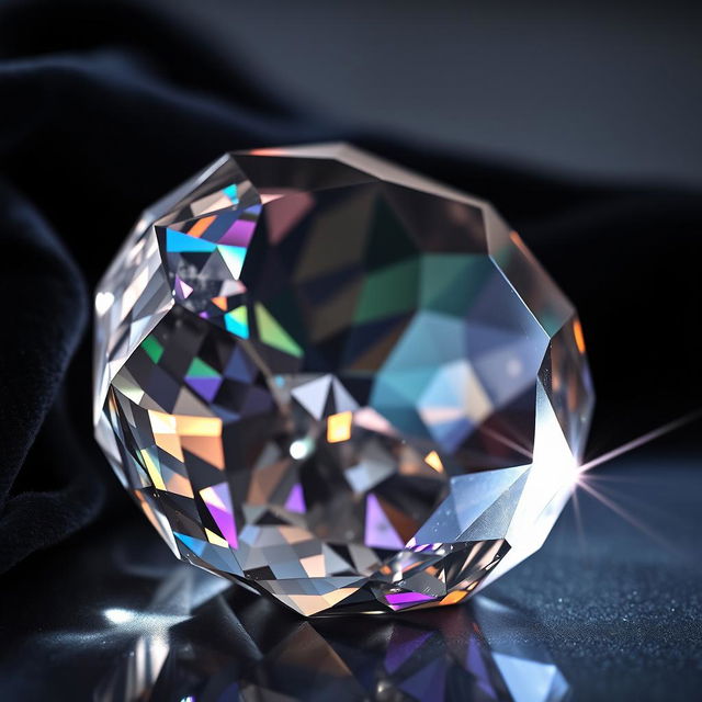 A stunning close-up of a multifaceted crystal, its surfaces reflecting and refracting a spectrum of colors under soft, ambient lighting