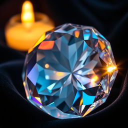 A stunning close-up of a multifaceted crystal, its surfaces reflecting and refracting a spectrum of colors under soft, ambient lighting