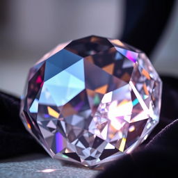 A stunning close-up of a multifaceted crystal, its surfaces reflecting and refracting a spectrum of colors under soft, ambient lighting