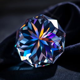 A stunning close-up of a multifaceted crystal, its surfaces reflecting and refracting a spectrum of colors under soft, ambient lighting