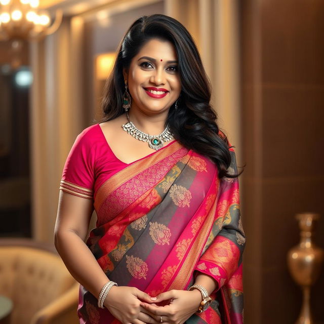 A beautiful, sexy, busty, and chubby Indian mature woman wearing a colorful and intricately designed saree, showcasing her big cleavage and curvy body