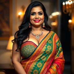 A beautiful, sexy, busty, and chubby Indian mature woman wearing a colorful and intricately designed saree, showcasing her big cleavage and curvy body