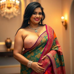 A beautiful, sexy, busty, and chubby Indian mature woman wearing a colorful and intricately designed saree, showcasing her big cleavage and curvy body