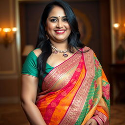 A beautiful, sexy, busty, and chubby Indian mature woman wearing a colorful and intricately designed saree, showcasing her big cleavage and curvy body