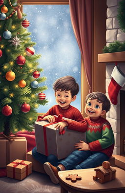 A touching scene depicting two boys enjoying Christmas together