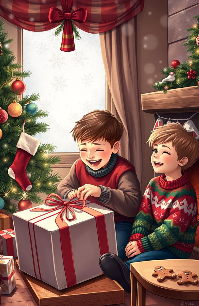 A touching scene depicting two boys enjoying Christmas together