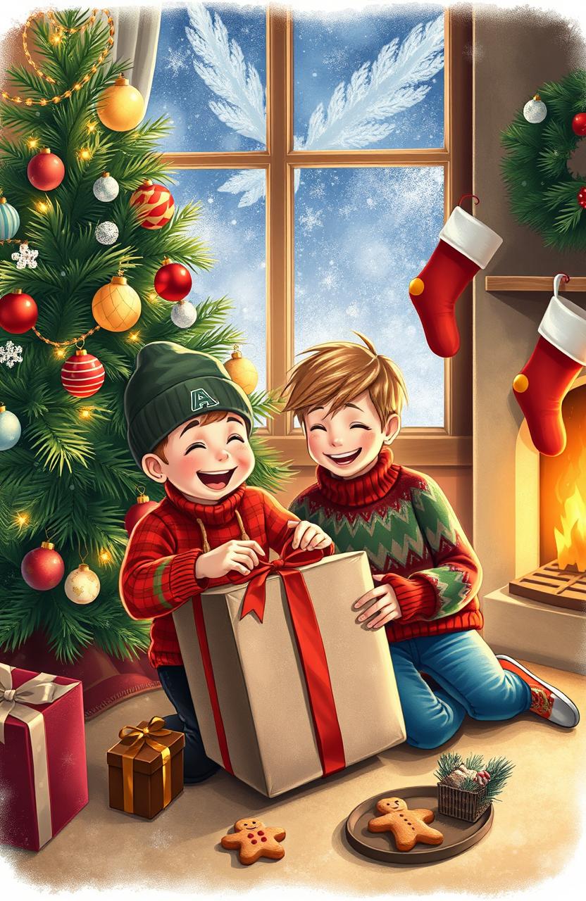 A touching scene depicting two boys enjoying Christmas together