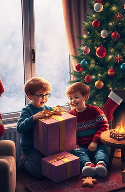 A touching scene depicting two boys enjoying Christmas together