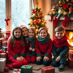 A joyful Christmas scene featuring two girls and two boys