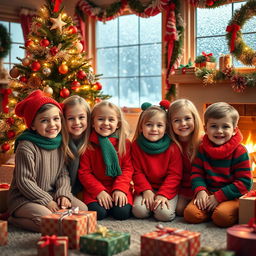 A joyful Christmas scene featuring two girls and two boys