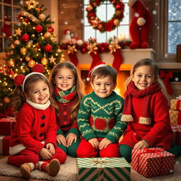 A joyful Christmas scene featuring two girls and two boys