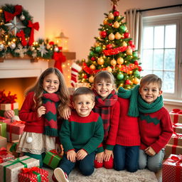 A joyful Christmas scene featuring two girls and two boys