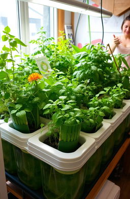 A creative and innovative scene of hydroponic gardening using recycled plastic gallon bottles as a planting medium