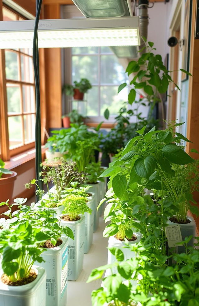 A creative and innovative scene of hydroponic gardening using recycled plastic gallon bottles as a planting medium