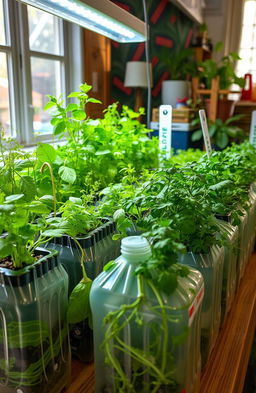A creative and innovative scene of hydroponic gardening using recycled plastic gallon bottles as a planting medium