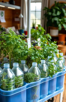 A creative and innovative scene of hydroponic gardening using recycled plastic gallon bottles as a planting medium
