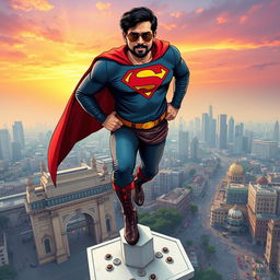 A stylized depiction of Ram Gopal Varma dressed as a superhero, reminiscent of Superman, confidently flying or standing atop a tall building in Mumbai