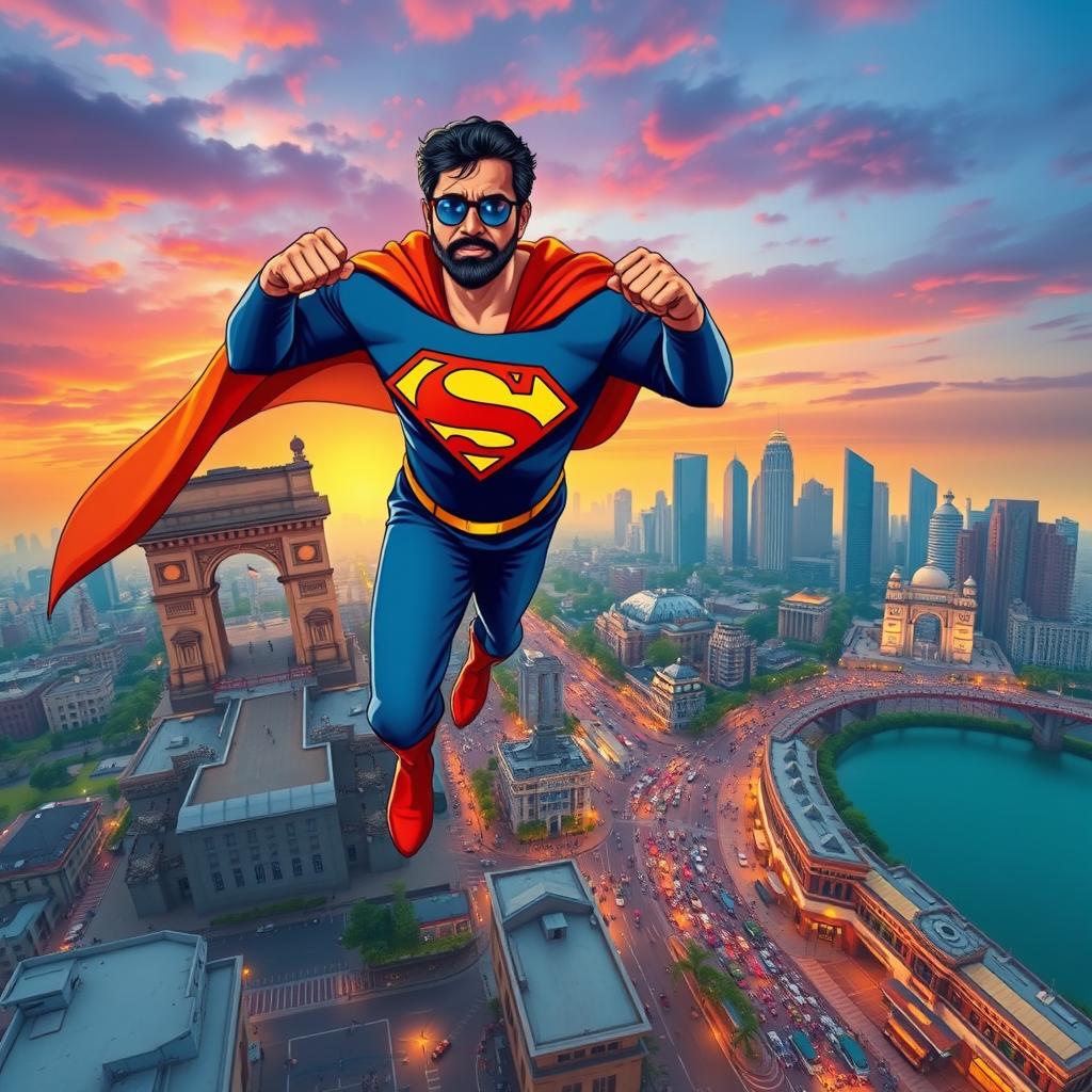 A stylized depiction of Ram Gopal Varma dressed as a superhero, reminiscent of Superman, confidently flying or standing atop a tall building in Mumbai