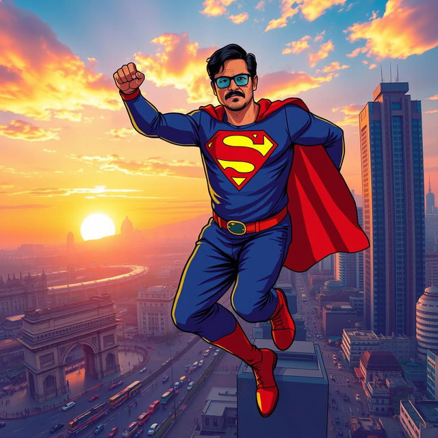 A stylized depiction of Ram Gopal Varma dressed as a superhero, reminiscent of Superman, confidently flying or standing atop a tall building in Mumbai