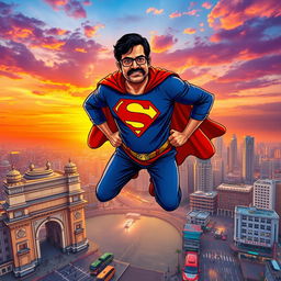 A stylized depiction of Ram Gopal Varma dressed as a superhero, reminiscent of Superman, confidently flying or standing atop a tall building in Mumbai