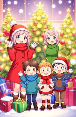 A vibrant and cheerful scene featuring two animated girls and three boys celebrating Christmas