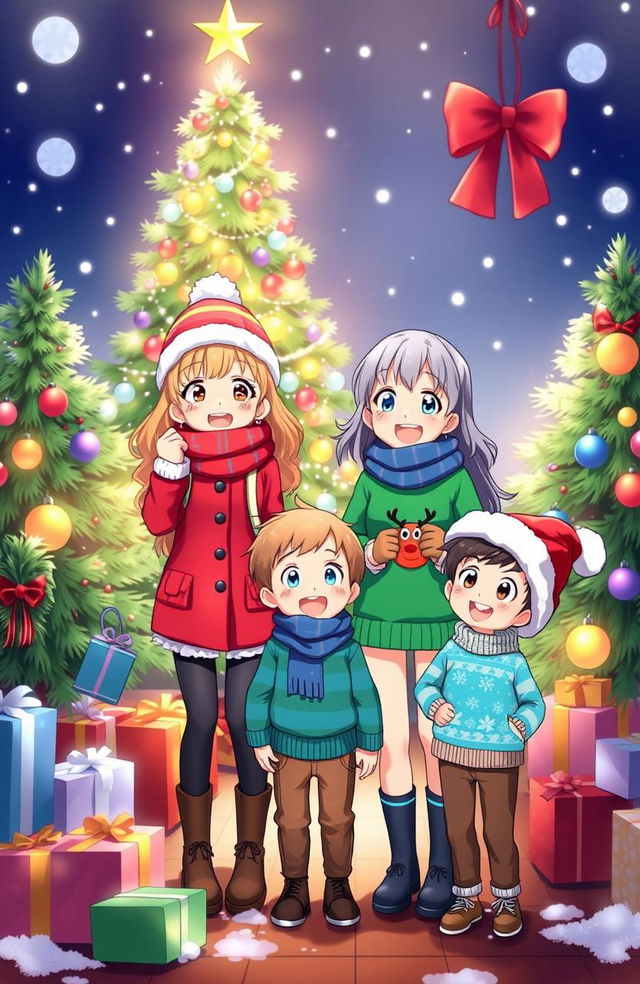 A vibrant and cheerful scene featuring two animated girls and three boys celebrating Christmas