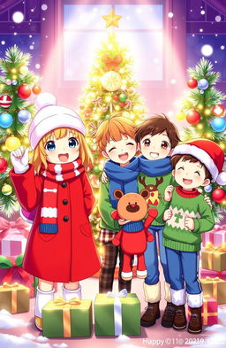 A vibrant and cheerful scene featuring two animated girls and three boys celebrating Christmas