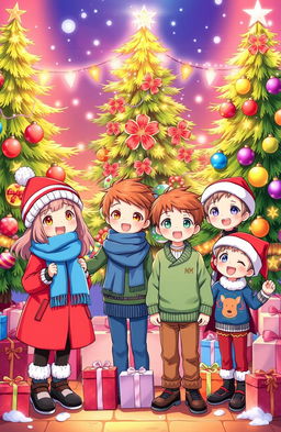 A vibrant and cheerful scene featuring two animated girls and three boys celebrating Christmas