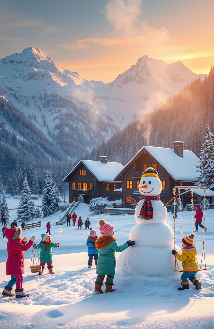 A magical winter scene featuring a cozy hostel nestled in a snowy valley surrounded by tall, snow-capped mountains